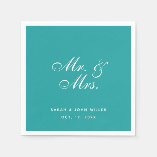 Teal Wedding Mr and Mrs Elegant Script Napkins