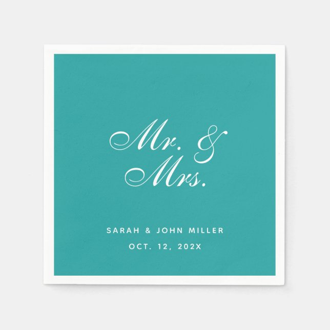 Teal Wedding Mr. and Mrs. Elegant Script Napkins (Front)