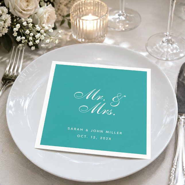 Teal Wedding Mr. and Mrs. Elegant Script Napkins (Creator Uploaded)