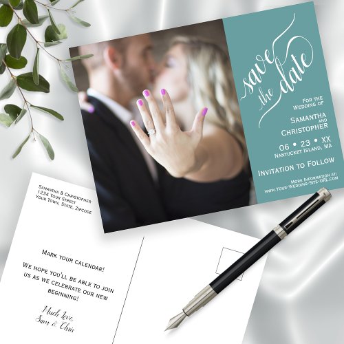 Teal Wedding Save the Date Photo  Calligraphy Announcement Postcard