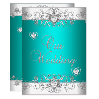 Teal Wedding Silver White Diamond Hearts Invitation