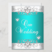 Teal Wedding Silver White Diamond Hearts Invitation (Front)