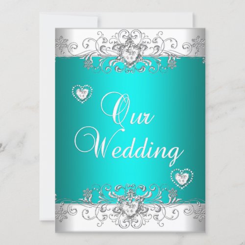 Teal Wedding Silver White Diamond Hearts Invitation