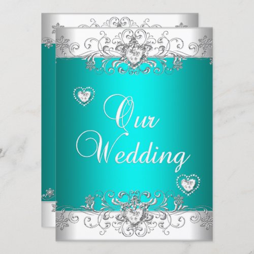 Teal Wedding Silver White Diamond Hearts Invitation