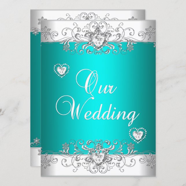 Teal Wedding Silver White Diamond Hearts Invitation (Front/Back)