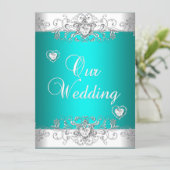 Teal Wedding Silver White Diamond Hearts Invitation (Standing Front)