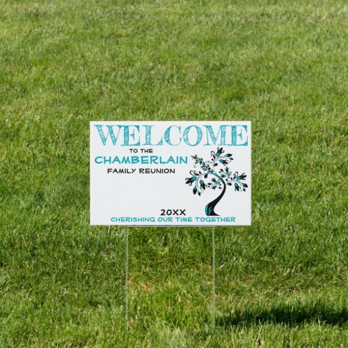 Teal Welcome Family Reunion Modern Floral Tree Sign