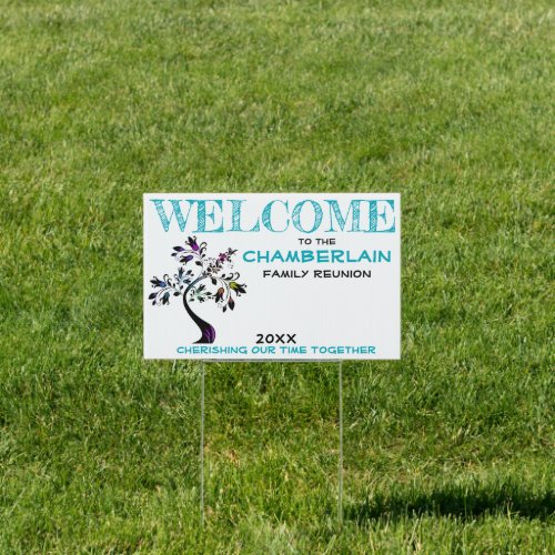 Teal Welcome Family Reunion Modern Floral Tree Sign