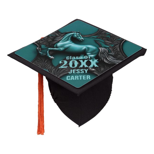 Teal Western Country Equine Equestrian Black Horse Graduation Cap Topper (Angled)