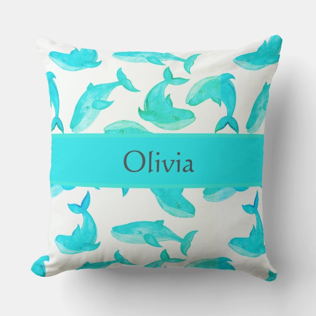 Teal Whale Your Name Ocean Sea Life Throw Pillow (Front)