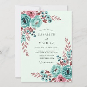 Teal Whimsical Botanical Spring Wedding Invitation