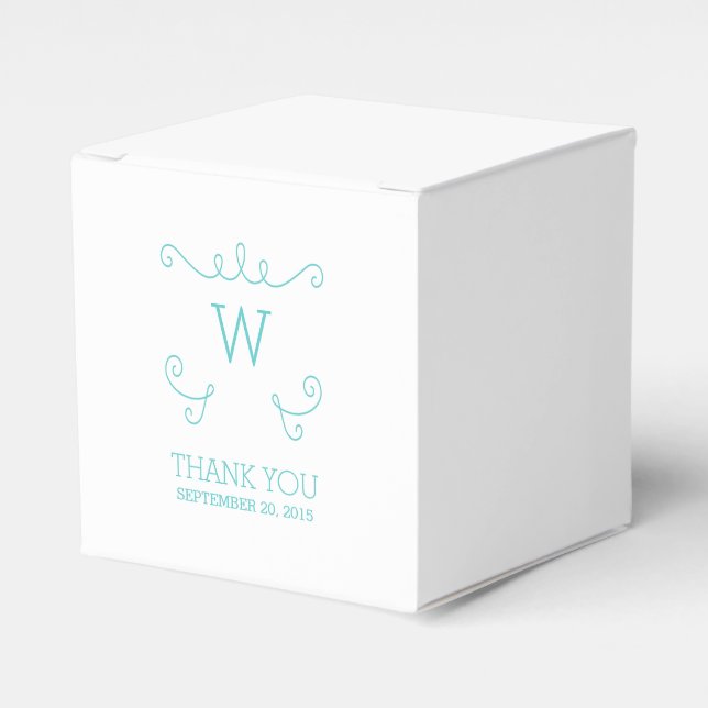 Teal Whimsical Flourish Monogram Favor Boxes (Front Side)