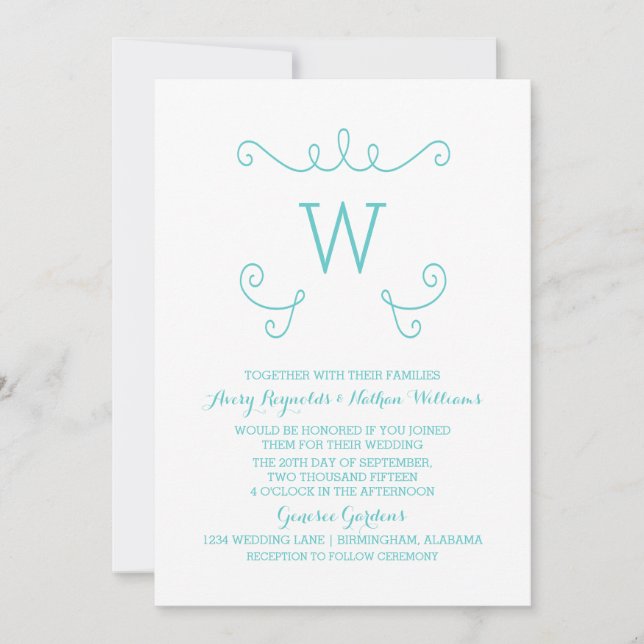 Teal Whimsical Flourish Monogram Wedding Invite (Front)