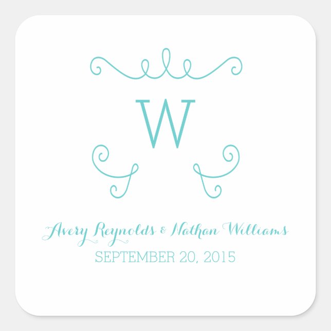 Teal Whimsical Flourish Monogram Wedding Square Sticker (Front)