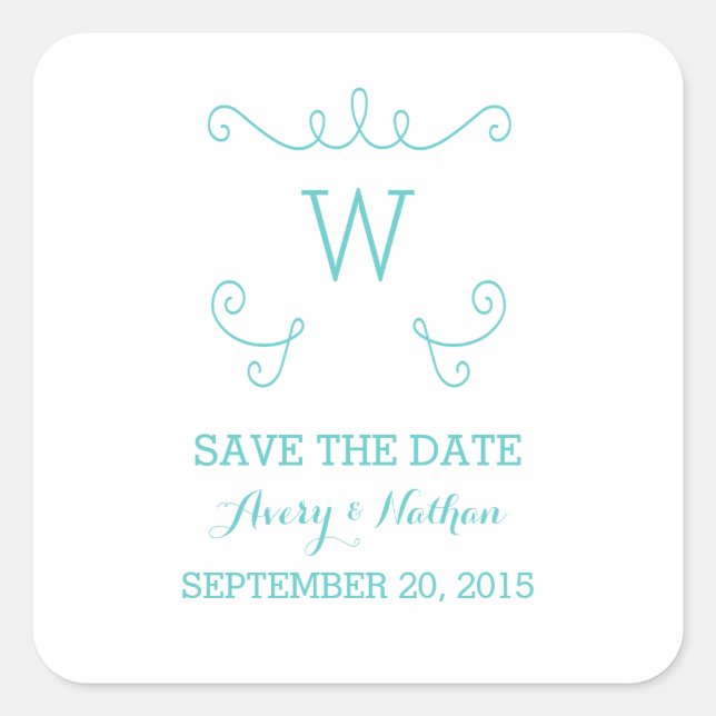 Teal Whimsical Flourish Save the Date Stickers (Front)