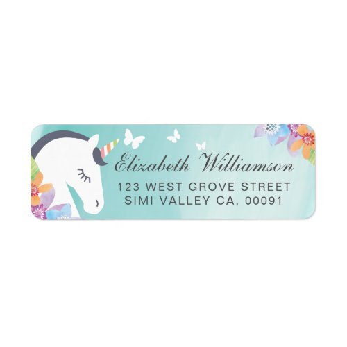Teal Whimsical Magical Unicorn Butterfly  Florals Label