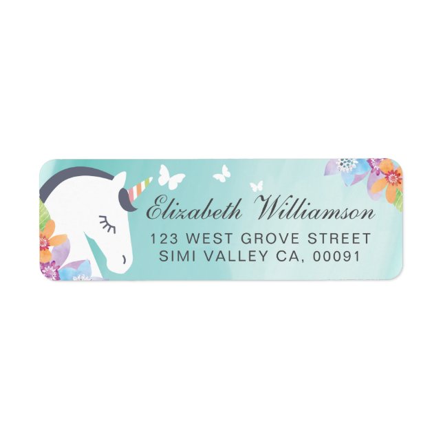 Teal Whimsical Magical Unicorn Butterfly & Florals Label (Front)