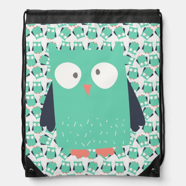 Teal Whimsical Owl Drawstring Bag (Front)