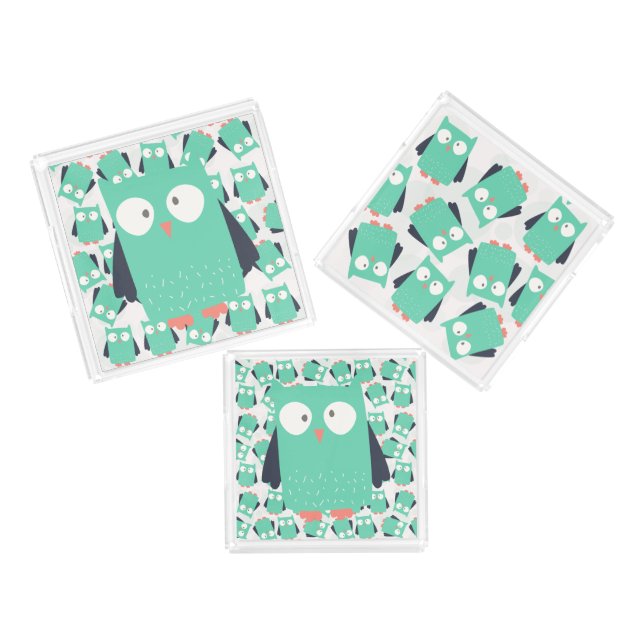 Teal Whimsical Owls Acrylic Tray (Set)
