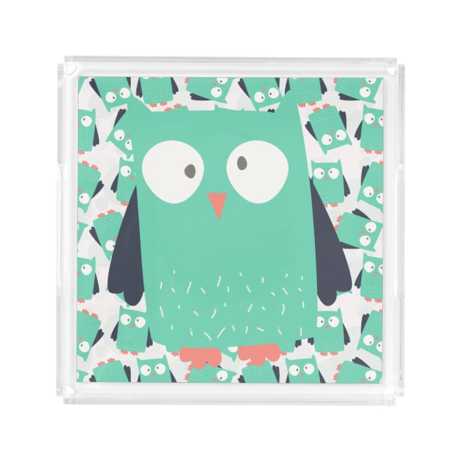 Teal Whimsical Owls Acrylic Tray (Front)