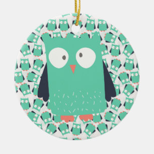 Teal Whimsical Owls Ceramic Ornament