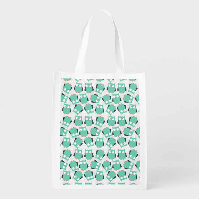 Teal Whimsical Owls Grocery Bag (Back)