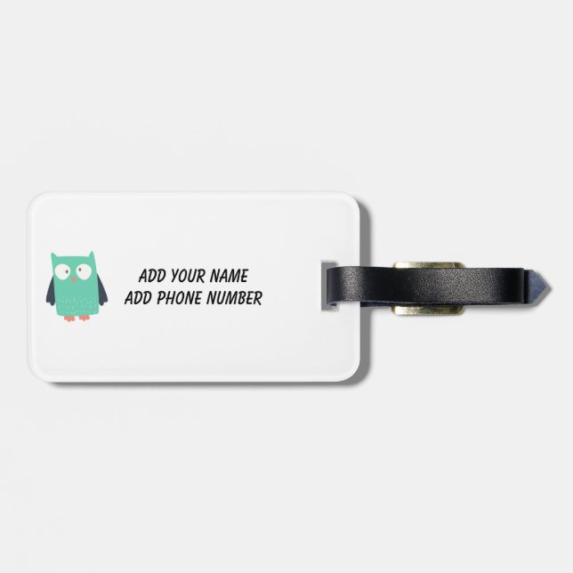 Teal Whimsical Owls Luggage Tag (Back Horizontal)