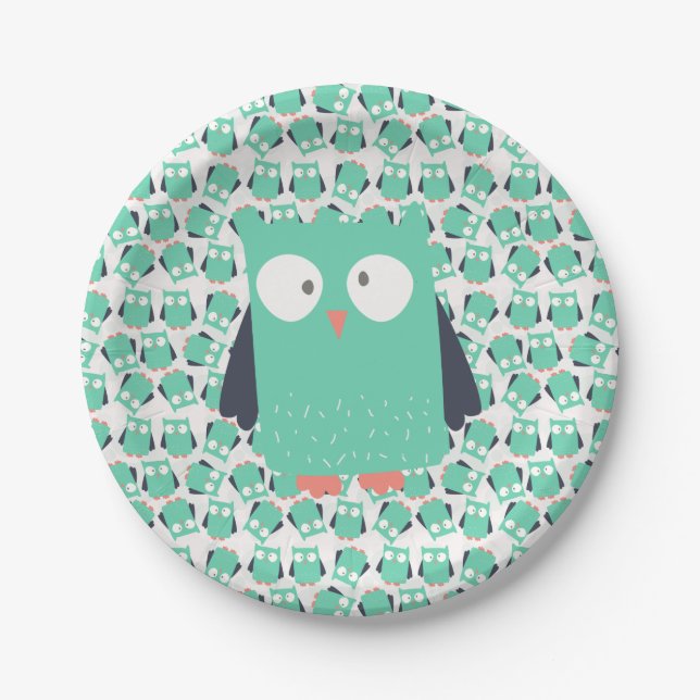 Teal Whimsical Owls Paper Plates (Front)