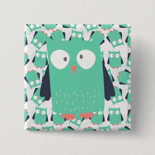 Teal Whimsical Owls Pinback Button (Front)