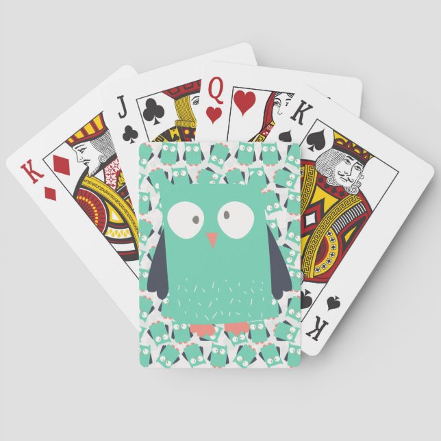 Teal Whimsical Owls Poker Cards (Back)