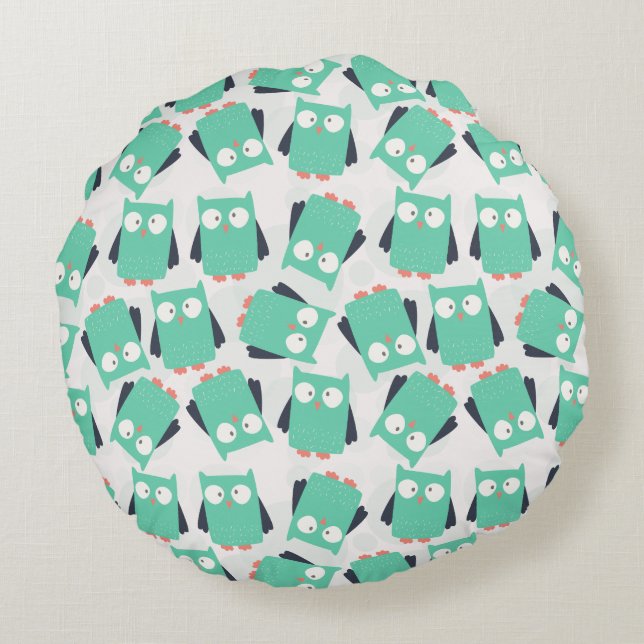 Teal Whimsical Owls Round Pillow (Back)