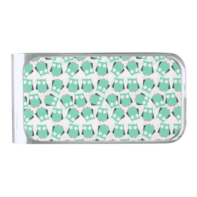 Teal Whimsical Owls Silver Finish Money Clip (Front)