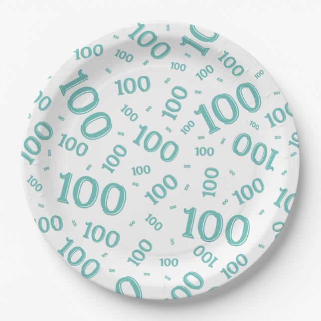 Teal/White 100th Birthday Party Number Pattern Paper Plates (Front)