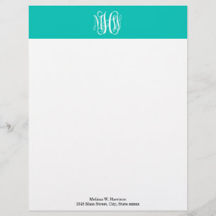 Teal White 3 Initials Vine Script Monogram DIY BG Letterhead