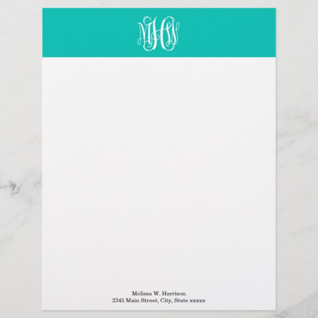 Teal White 3 Initials Vine Script Monogram DIY BG Letterhead (Front)