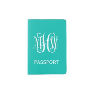 Teal White 3 Initials Vine Script Monogram Passport Holder