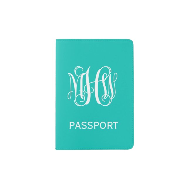 Teal White 3 Initials Vine Script Monogram Passport Holder (Front)