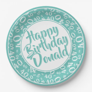 Teal/White 40th Happy Birthday Number Pattern Paper Plates