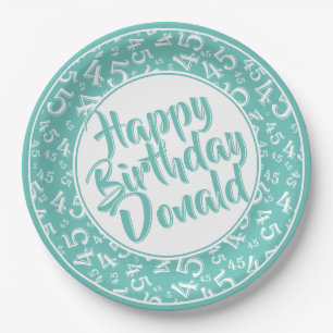 Teal/White 45th Happy Birthday Number Pattern Paper Plates