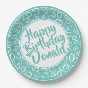 Teal/White 50th Random Number Pattern Paper Plates
