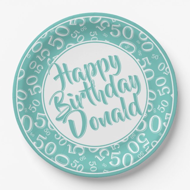 Teal/White 50th Random Number Pattern Paper Plates (Front)