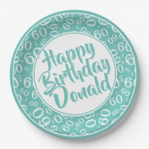Teal/White 60th Random Number Pattern Paper Plates