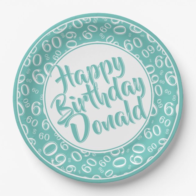 Teal/White 60th Random Number Pattern Paper Plates (Front)