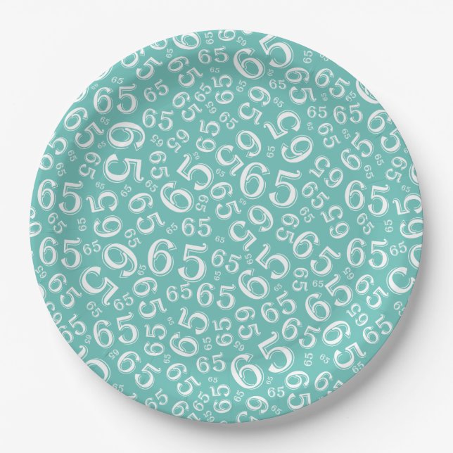  Teal/White 65th Random Number Pattern Paper Plates (Front)