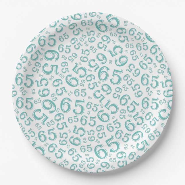  Teal/White 65th Random Number Pattern Paper Plates (Front)