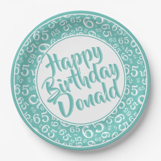 Teal/White 65th Random Number Pattern Paper Plates (Front)
