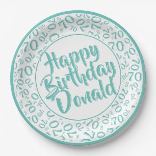 Teal/White 70th Random Number Pattern Paper Plates