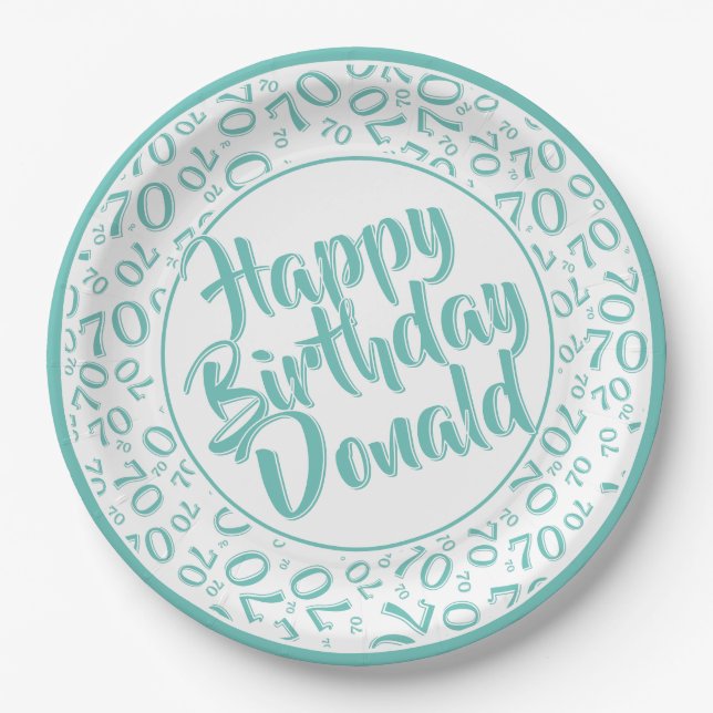 Teal/White 70th Random Number Pattern Paper Plates (Front)