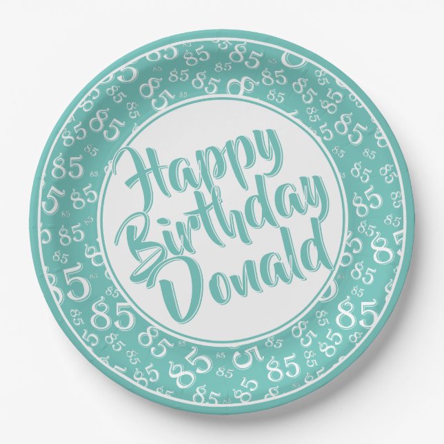 Teal/White 85th Random Number Pattern Paper Plates (Front)