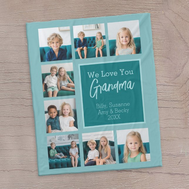 Teal & White 8 Photo Collage - We Love Grandma Fleece Blanket (8 photo personalized fleece blanket for Grandma -- with a message in the middle)